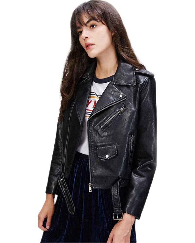 LY VAREY LIN Women's Faux Leather Motorcycle Jacket PU Slim Short Biker Coat (M, Black) - Image 1